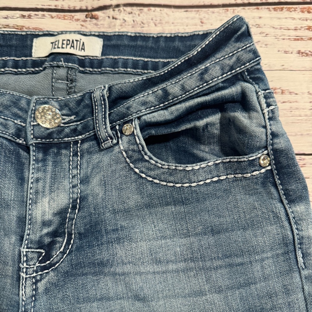 Telepatia Denim Jeans Light Wash Ankle Distressed Flair Womens 5/29 (Fits 27x28) - Picture 4 of 16